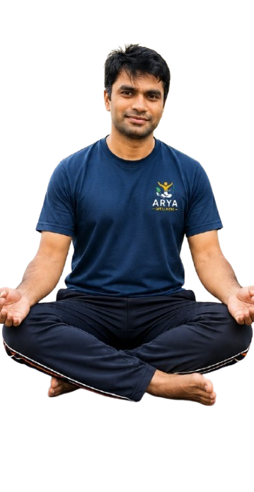 Sulakshan Arya seated in a yoga meditation pose